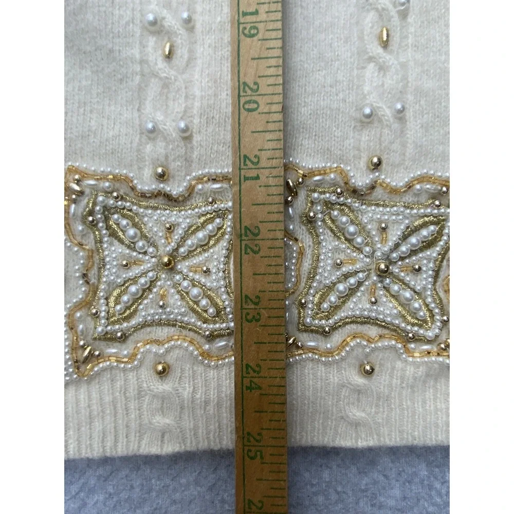 Vintage Marisa Christina Sweater Tunic Womens L White Beaded Pearl 80s